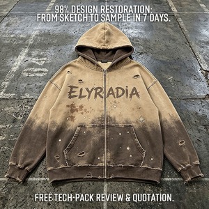 Sudadera con capucha y cremallera para hombre, de algodón grueso, con efecto lavado ácido, corte holgado, estilo urbano vintage, con gráficos personalizados y bordados. - Product Image 3