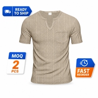 T-shirt Homme Col V Manches Courtes Séchage Rapide Coupe Ample 100% Polyester 200 g/m² Aspect Lin Jacquard Côtelé à Carreaux pour l'Été