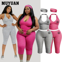 Ensemble décontracté 3 pièces à rayures, col halter, sans manches, coupe ajustée, en coton doux et élasthanne, avec pantalon capri, pour femme, idéal pour le quotidien et le streetwear
