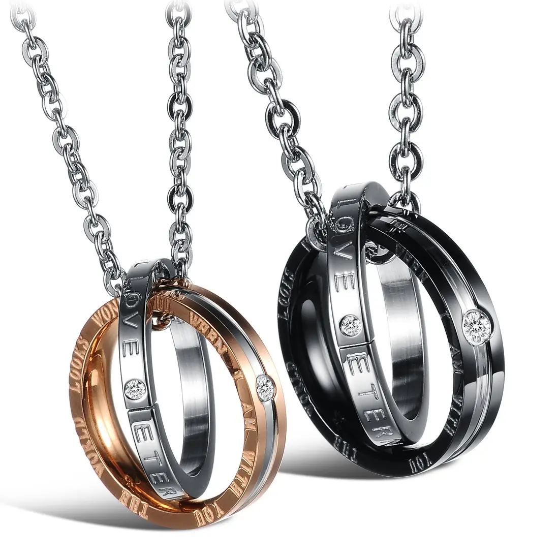 Stainless Steel Double Ring Pendant Couple Necklaces For Women Men New Fashion Interlocking Circles Crystal Cross Jewelry