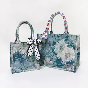 2023 bolsos de moda para mujer, bolsos de mano con pintura al óleo de jardín, bolso de mano de lona Jacquard, bolso cruzado portátil