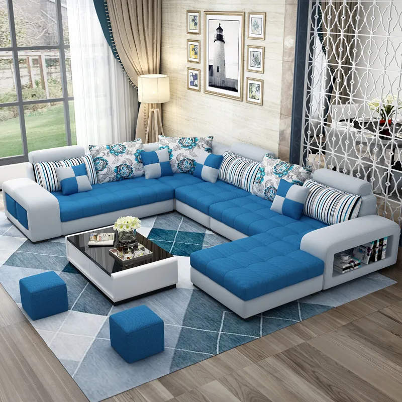 Châu Âu Phòng Khách Sang Trọng Ghế Sofa 7 Chỗ Ngồi Hình Chữ U, Nhà Đồ Nội Thất Bằng Gỗ Vải Ghế Bành Góc Ngồi Có Thể Ngả Cắt Bộ Sofa