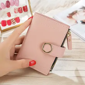 Billetera de piel sintética de estilo coreano para niñas, billetera corta de Color puro a la moda, con botones pequeños, venta al por mayor