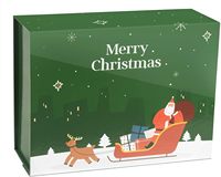 Boîte cadeau magnétique pliable vert foncé avec impression complète de Père Noël et de rennes, emballage rigide pliable plat