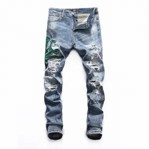 Street wear Fashion blue Ripped Jeans Embroidery Skinny Slim Fit Hip Hop Denim Trousers Casual for Men Jogging jean home