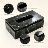 Boîte rectangulaire de luxe en marbre noir Nero Marquina avec couvercle à surface rainurée, distributeur moderne de mouchoirs en papier pour usage hospitalier