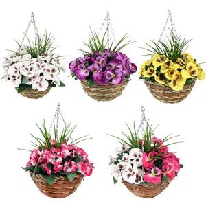 Wholesale Bulk Hanging Basket Flower Nearly Natural Silk Artificial Morning Glory in Basket Hanging Plant for Garden