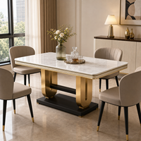 Table à manger moderne en marbre pour hôtel, base en acier inoxydable doré, plateau blanc brillant, mobilier de salon durable, chargement complet de conteneur