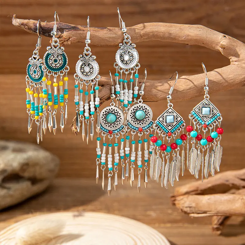 NUORO personalisierte Federn-Tassel-Statement-Ohrringe bohemien türkis ethnisch indigener Tassel Perlenkette Anhänger-Ohrringe
