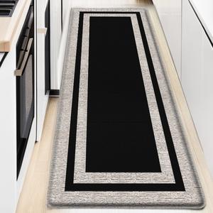 Tapis de cuisine géométrique moderne rectangulaire en PVC, anti-fatigue, imperméable, antidérapant, gris clair avec bordure noire - Product Image 2