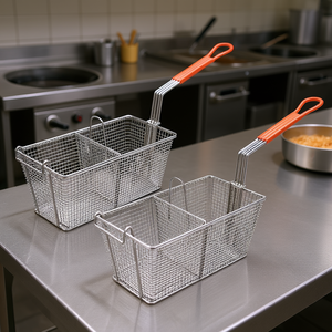 Panier de friteuse commercial en acier inoxydable avec poignée orange pour la friture profonde en cuisine - Product Image 2