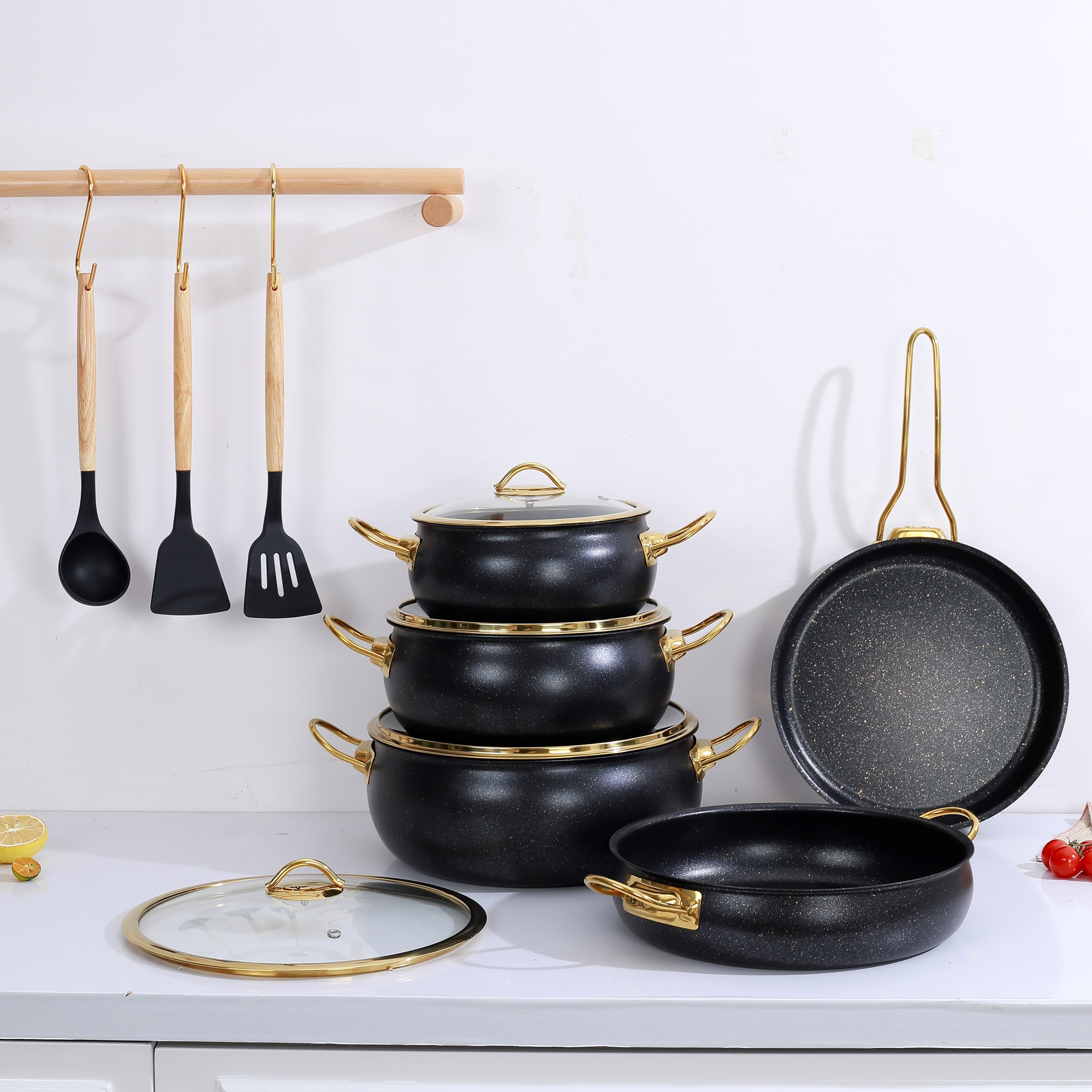 12-Piece Classic Turkish Style Granite Cookware Set by LEOZ - Non-Stick Stainless Steel Kitchen Pots