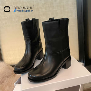 Bottes en cuir véritable noir pour femmes, talons épais et hauteur du genou - Product Image 4