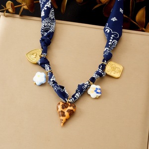 Fashion Silk Scarf Necklace Heart Shape Leopard Print Ceramic Flower Gold Plated Pendant Rope Chain Design - Product Image 1