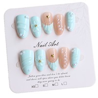 Ongles à presser Tacana, 10 pièces, courts, amande, motif floral, perle, bleu tendance, haute qualité, vente en gros, nouvelle arrivée, capsules d'ongles à couverture complète