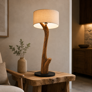 Lampe de sol en racine de teck avec abat-jour en forme de tambour, commande tactile, lumière blanche neutre, base en bois, design Wabi-Sabi, décoration d'intérieur - Product Image 3