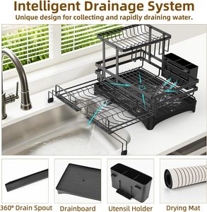 New 2 Tier Extendable Sink <b>Dish</b> Drying <b>Rack</b> Drainer Black Rustproof Steel <b>Dish</b> Strainer With Utensil Holder for Kitchen Counter - Product Image 3