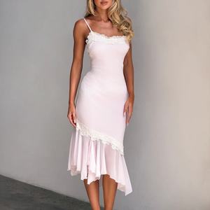 Vestido Midi de Satén para Mujer con Encaje, Tirantes Finos, Volantes Asimétricos, Elegante para Cóctel, Fiesta, Noche o Evento Formal - Product Image 1