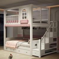 Lit en bois massif JS Modern Pink Cream avec fenêtre arquée, armoire-escalier de rangement et double tiroir, mobilier enfant double