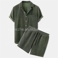 ZHEZHE 2022 été hommes mode velours côtelé chemise deux pièces Shorts ensemble couleur unie décontracté grande taille hommes ensembles
