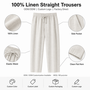100% <strong>Linen</strong> <strong>Pants</strong> Men Summer Casual <strong>Drawstring</strong> Straight Trousers Lightweight Breathable Beach <strong>Pants</strong> Wholesale Custom Logo OEM - Product Image 2
