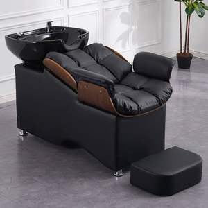 Chaise de shampooing moderne haut de gamme en PU, semi-inclinable, lit de lavage de cheveux avec massage de rinçage, lavabo en céramique pour salon commercial SPA - Product Image 1