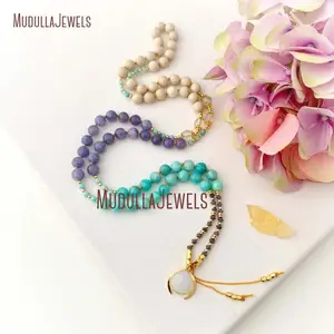 MN34526 Natural Gemstone Tanzanite Amazonite Riverstone Moonstone Guru Crystal 108 Mala Prayer Beads Goddess Necklace