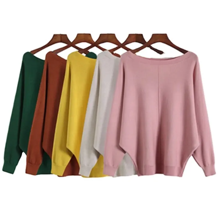 FYB महिलाओं की नई स्वेटर एक शब्द कॉलर बल्ले बांह की कमीज ढीला कोरियाई बड़े आकार स्वेटर बुना हुआ स्वेटर