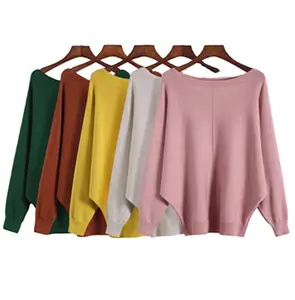 Fy1b-pull en tricot pour femmes, nouveau pull à col de mots, chemise ample manches chauve-souris, style coréen de grande taille