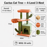 Arbre à chat Cactus 4 niveaux 3 nids avec maisonnette confortable, nid suspendu, perchoir supérieur, poteaux en sisal, peluche Teddy, panneau de particules de qualité E1