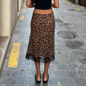 Jupe midi taille basse imprimé léopard avec ourlet en dentelle, jupe trapèze en maille pour femme, style vintage sexy streetwear, nouvelle collection 2026 - Product Image 5
