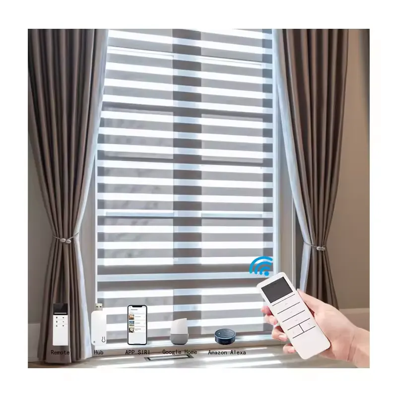 Electric Window Blind Custom Made Semi Blackout Indoor Office Battery Powered Wifi App Smart Zebra Blinds for window