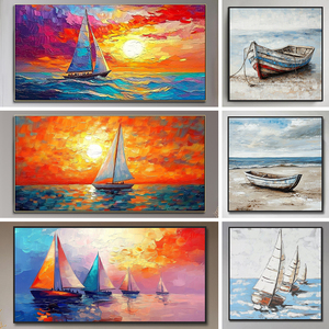 Art mural moderne de l'océan côtier décor de salle de bain en acrylique peint à la main avec des bateaux sur des peintures de paysages marins sur toile de plage - Product Image 6