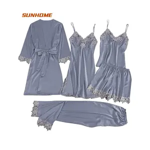 Sunhome cinq ensembles de pyjamas en satin femme glace soie sens avancé de l'été sexy dentelle décontractée robe de chambre dames leurre maison porter