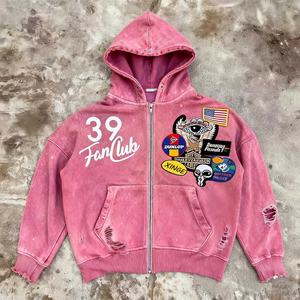 Sudadera con capucha y cremallera para hombre, estilo streetwear, personalizada, vintage, con agujeros desgastados, bordado, de corte holgado y corto, de gramaje pesado 450 g/m² - Product Image 2