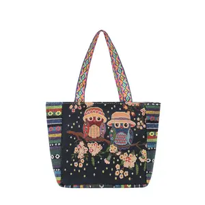 Jacquard Owl Ethnic Style Brown Colour Shopping Heavy Duty Canvas Tote Shoulder Small Womens Beach Bags
