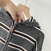 Cardigan en tricot gris à blocs de couleur et rayures pour femme, avec capuche intégrée et fermeture éclair, idéal pour l'automne 077-3822