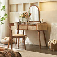 Table de toilette en rotin nordique - Ensemble de coiffeuse en bois massif durable avec chaise et rangement, petite taille, miroir intégré pour la chambre à coucher
