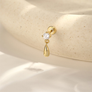 Boucle d'oreille piercing barbell en argent sterling S925, forme goutte d'eau lisse, avec pampille et zircon 5A marquise à dos plat - Product Image 3