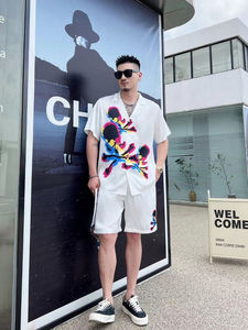 <span class=keywords><strong>Pigiama</strong></span> da <span class=keywords><strong>uomo</strong></span> in seta di lusso chiaro con teschio <span class=keywords><strong>nero</strong></span> a maniche corte pantaloncini da notte da <span class=keywords><strong>uomo</strong></span> - Product Image 5