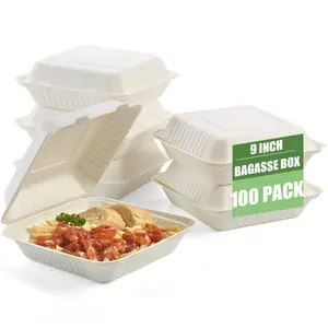 9x9 pollici monouso biodegradabile in fibra di canna da zucchero bagassa polpa a conchiglia take away fast to go food packaging box