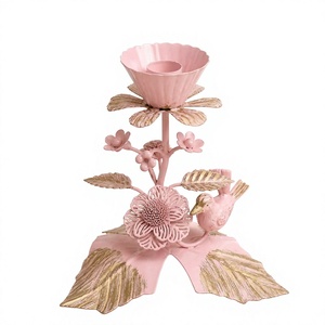 Support à bougie rose floral avec oiseau et feuilles, décoration d'intérieur, porte-bougie en acier métallique - Product Image 3