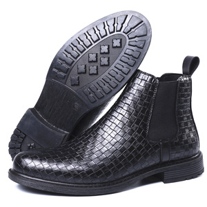 Men Woven Plaid High Top Chelsea Leather Boots Elastic Stretch Slip On Ankle <b>Booties</b> For Autumn Winter - Product Image 5