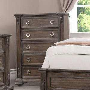 Juego de Muebles de Dormitorio Antiguos de Madera Tallada en Color Marrón Oscuro - Cama con Cabecera Tapizada en Cuero, Cómoda y Mesitas de Noche - Product Image 3