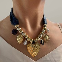 Collier Charme Femme Ilona Fashion en Acier Inoxydable 316 Plaqué Or, Grand Cœur Soleil, Pendentifs Multiples Synthétiques, Thème Bouddhisme, Automne Hiver