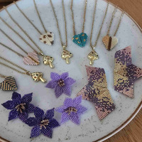 Collar Tejido a Mano con Cuentas Miyuki, Colgante de Corazón, Flor y Hongo con Cadena de Bambú, Accesorio de Moda para Mujer