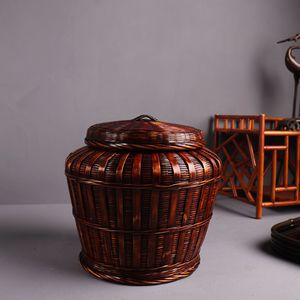Handmade <b>Bamboo</b> Woven Storage Basket Round Tung Oil Finish Living Room Neatening Storage Food <b>Container</b> Standing Type - Product Image 4
