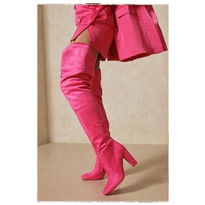 Pure Color Suede Upper Square Toe Back Zip Chunky Heel Women Thigh High Booties Side Half-zip Over Knee High <b>Boots</b> for Ladies - Product Image 3