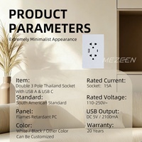 Prise double américaine anti-effraction avec ports USB A+C sur circuit imprimé PC ignifuge de grande taille, conforme aux normes thaïlandaises