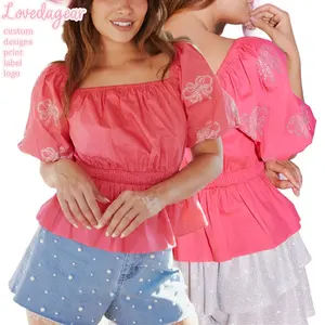 Lovedagear Custom Logo Summer Pink Printed Square Neck Peplum Tops For Women